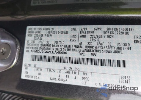 2020 Ford Escape Se z USA, uszkodzony, nr VIN 1FMCU9G62LUA48494